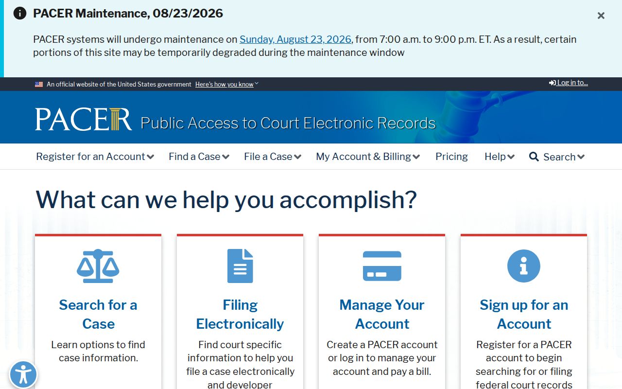 PACER federal case search and account interface