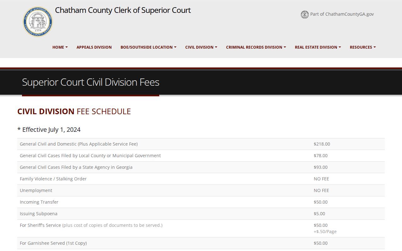 Chatham County civil docket Superior civil fee schedule