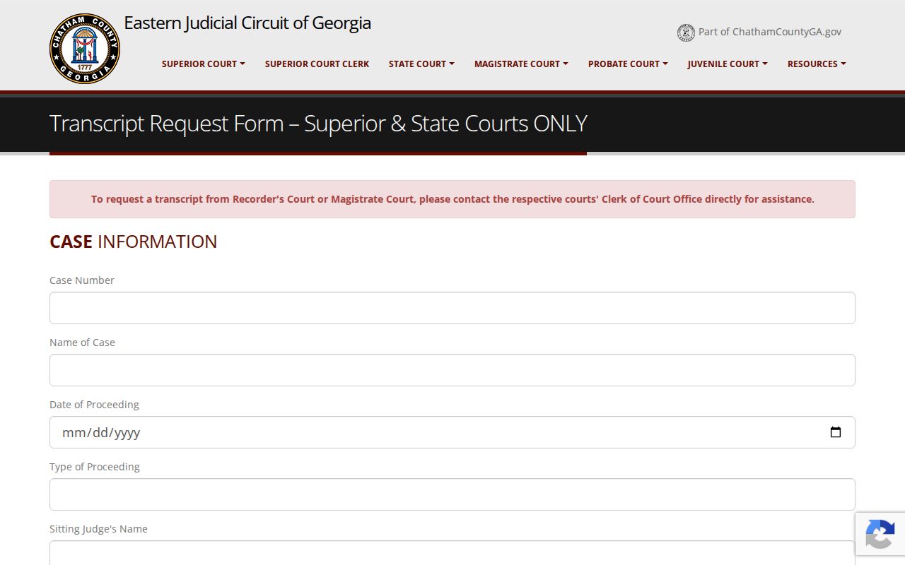 Chatham County Superior Court transcript request fields for a court proceeding