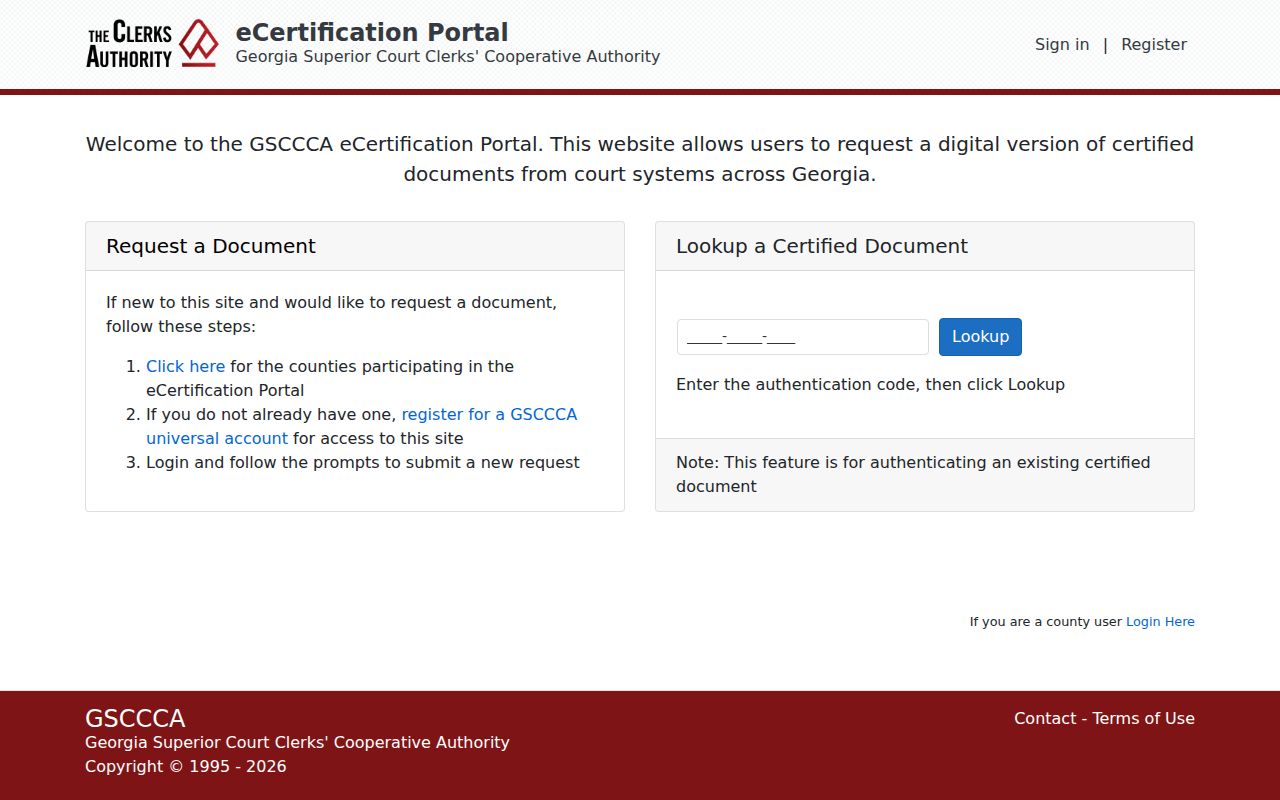 Georgia statewide court eCertification request portal
