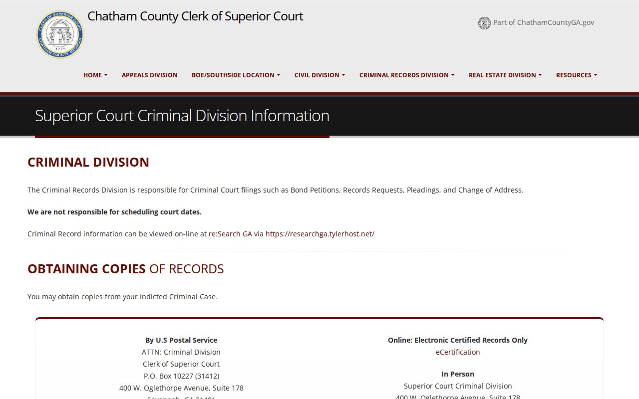 Chatham County criminal docket Superior Clerk copy request page