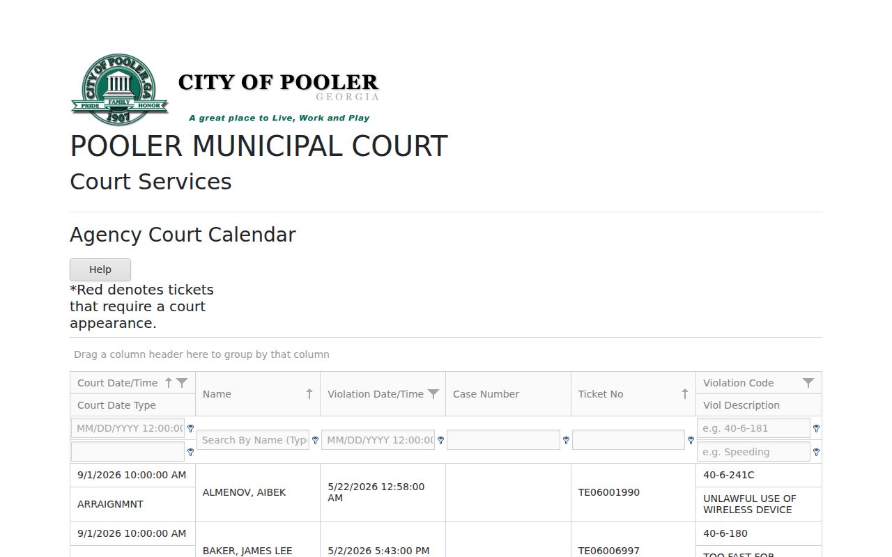 Pooler Municipal Court Courtware calendar and search columns
