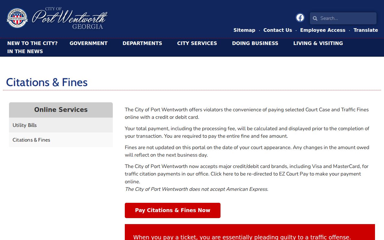 Port Wentworth citation and court fine payment instructions