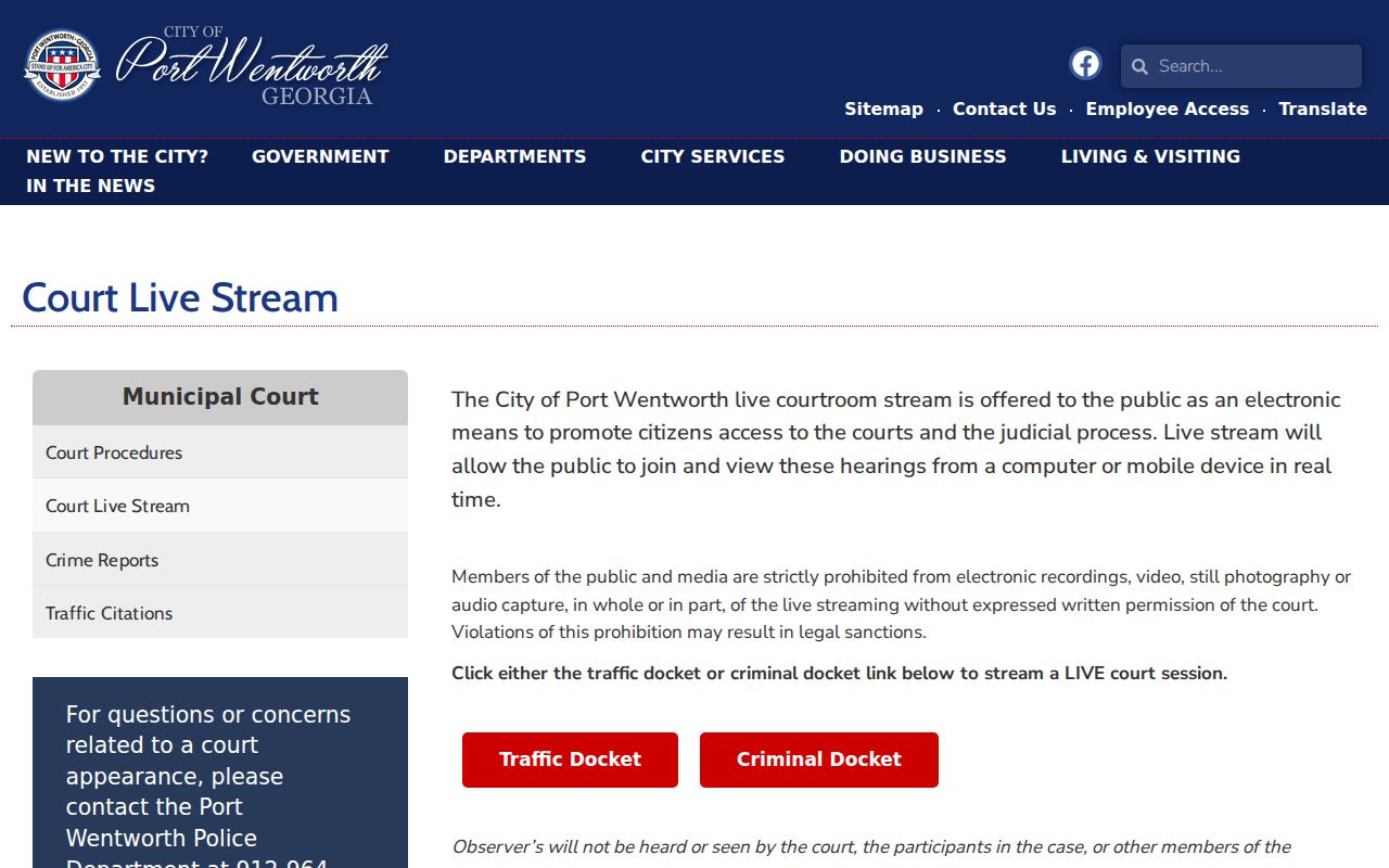 Port Wentworth traffic and criminal live court docket links