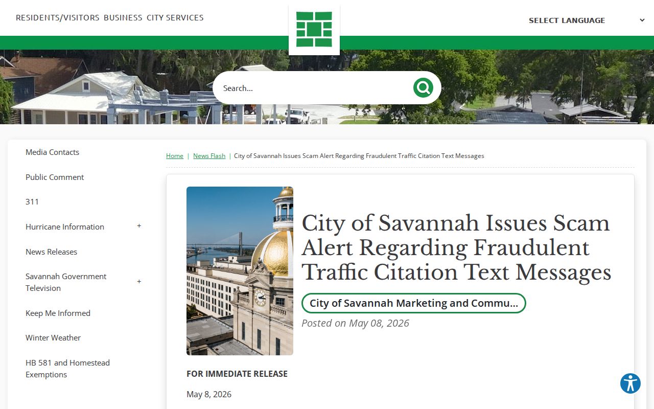 Official Savannah warning about fake citation payment text messages