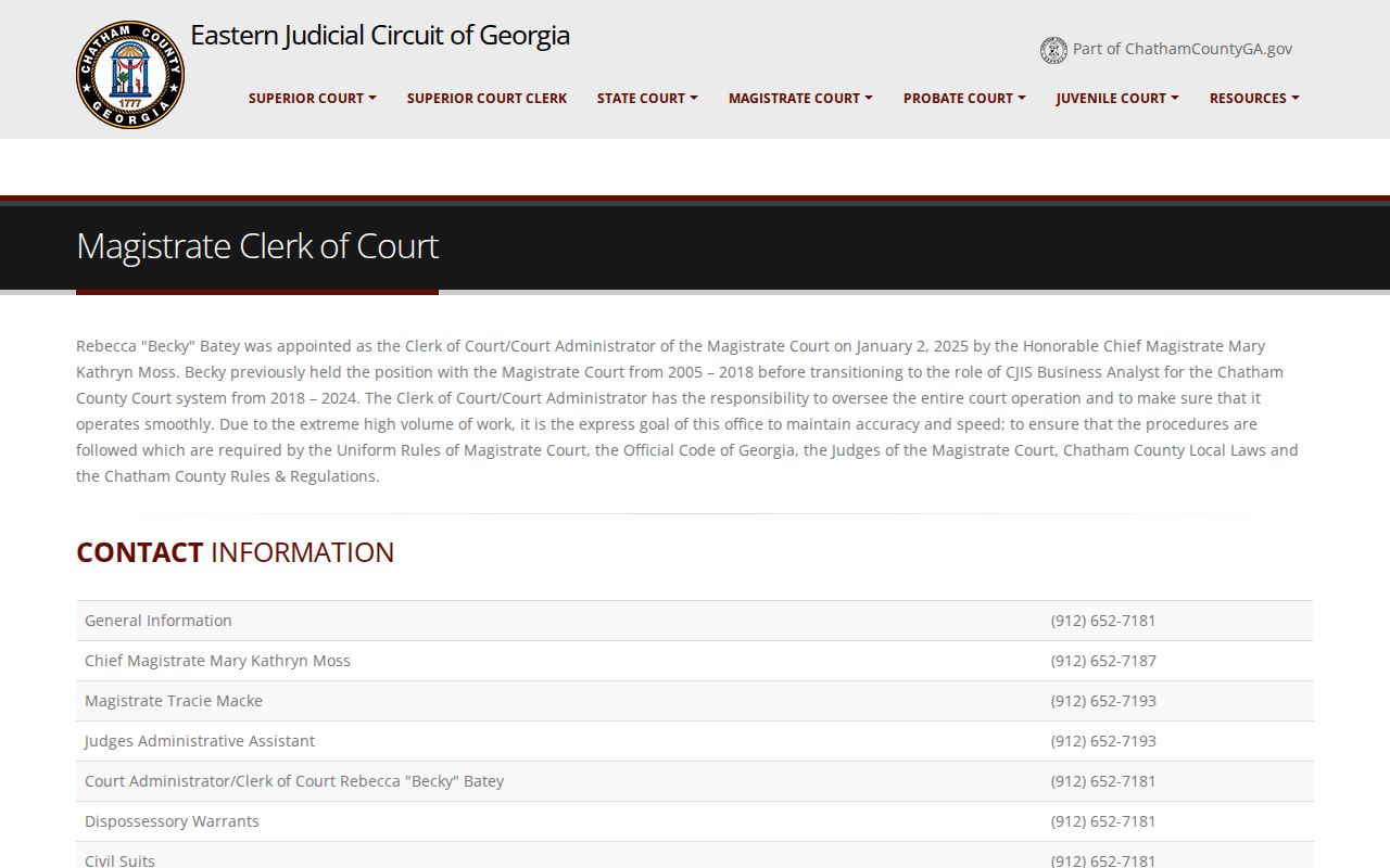 Chatham County Magistrate Court clerk contact page