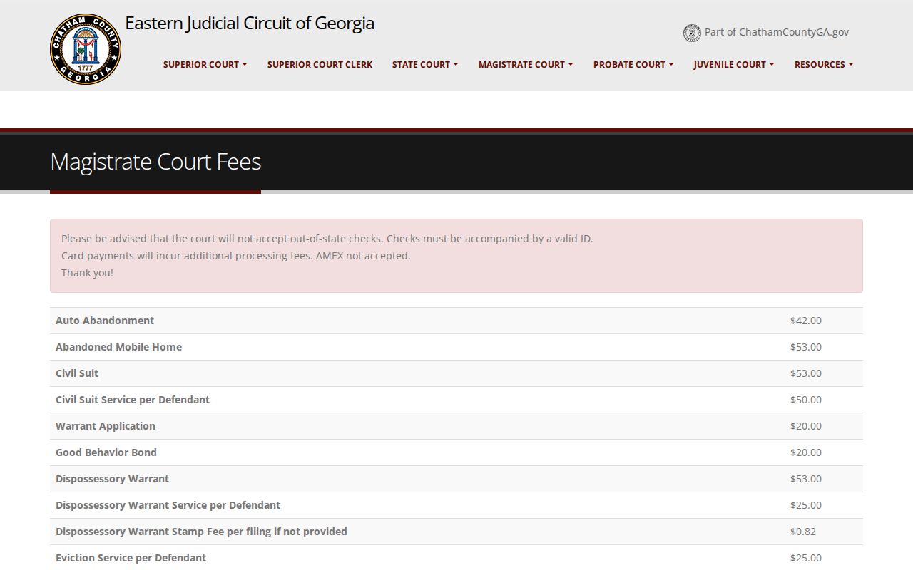 Chatham County Magistrate Court copy and certification fees